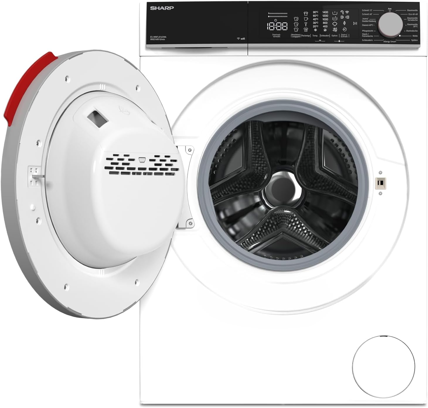 SHARP ES-MNFL814CWA-DE Waschmaschine Frontlader | 8 kg | Energieeffizienzklasse A | 1400 U/min | Inverter Motor | AquaStop | Microfiber-Filter | WiFi-Steuerung | Dampf-Funktion | LED-Display