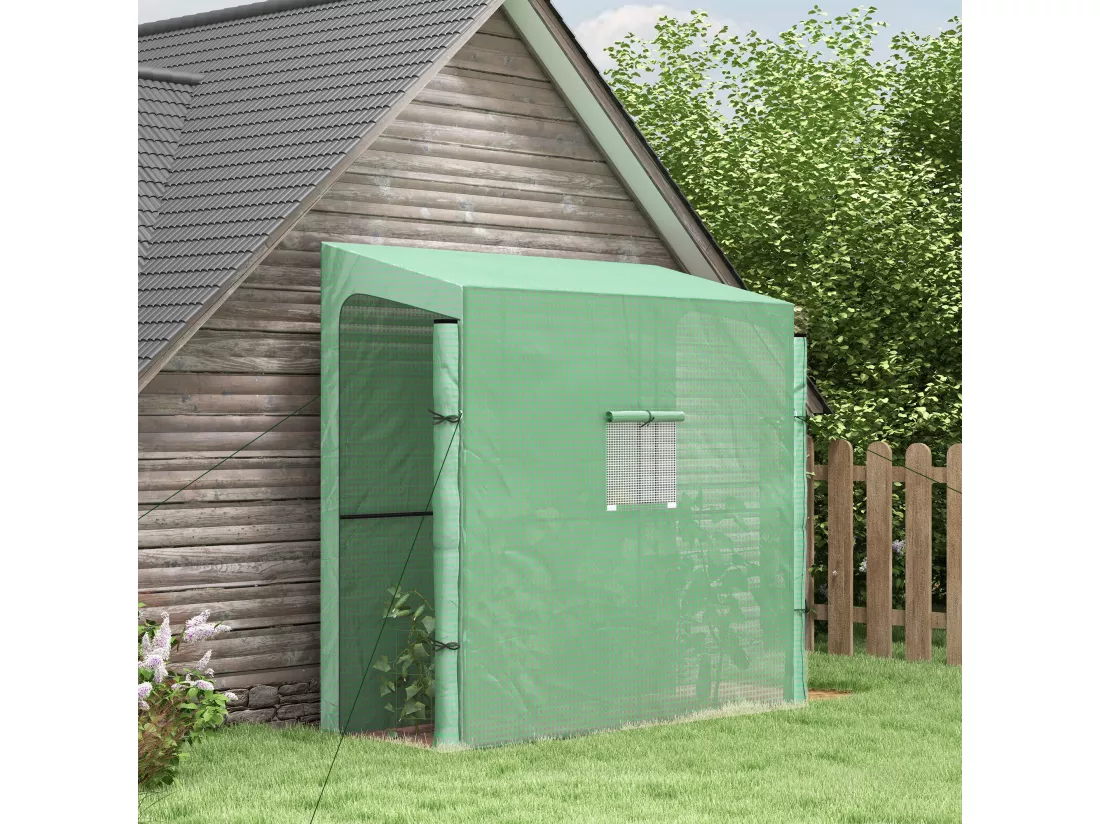 Serre de jardin adossée serre adossée dim. 2L x 0,8l x 2H m 2 portes zippées fenêtre acier PE haute densité vert