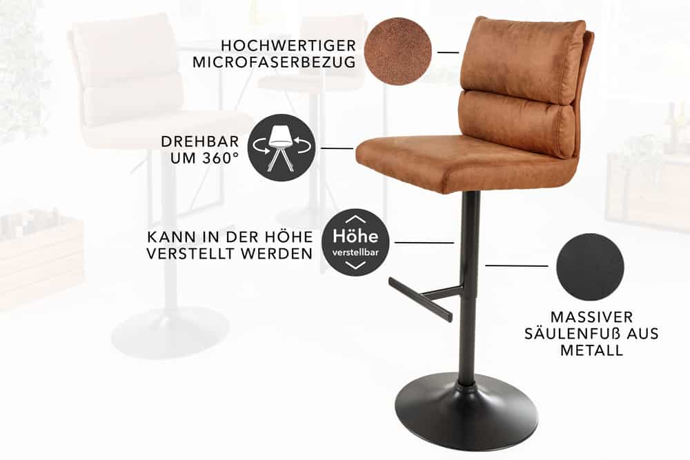 Höhenverstellbarer Barhocker COMFORT antik braun Microfaser drehbar mit Lehne Metall schwarz