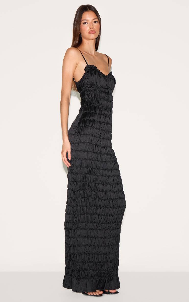 Noir Robe Longue En Satin À Imprimé Fleuri Ditsy Avec Fronces Et Armatures