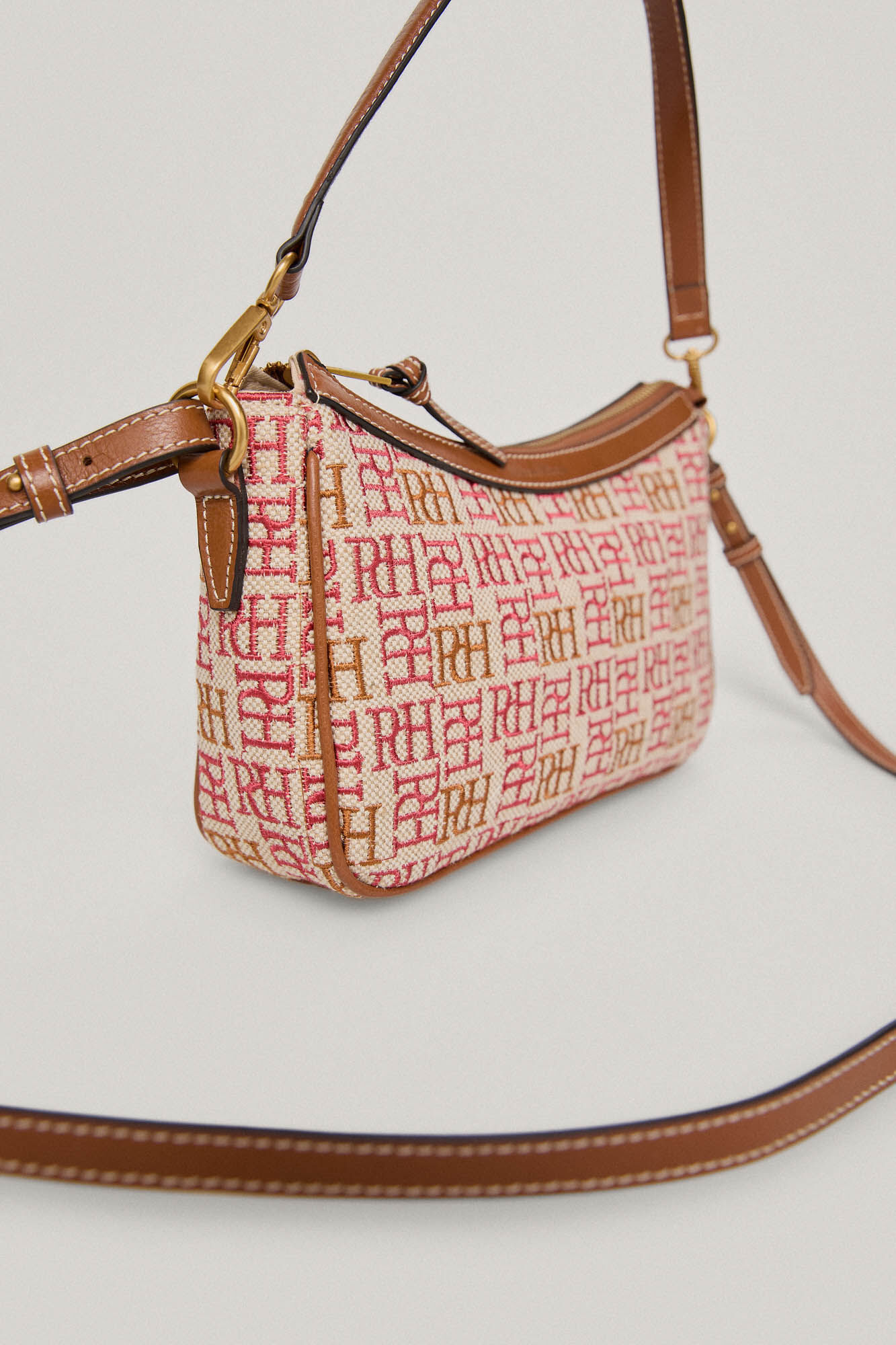 Bolsa baguette e bolsa de ombro em lona com logotipo bordado e detalhes em couro - Rosa
