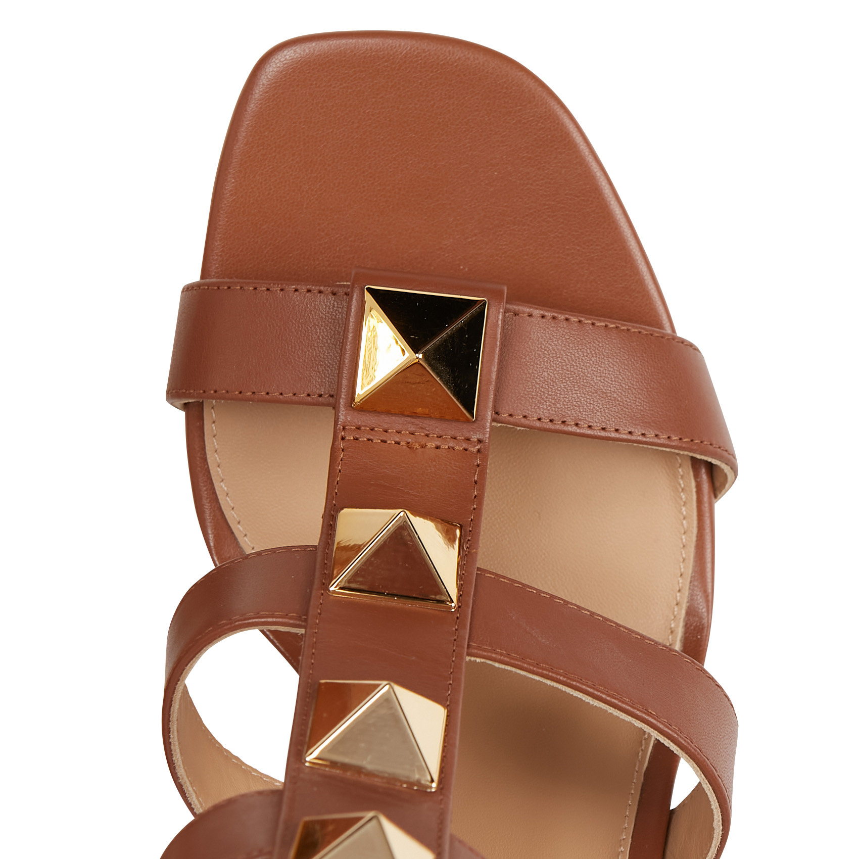 Sandales cloutées à talon en cuir| Marron