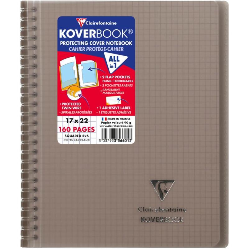 Cahier reliure intégrale enveloppante Koverbook 17x22cm 160 pages petits carreaux couverture polypropylène transparent - Assortis