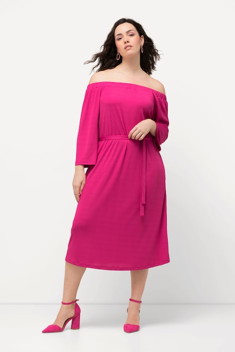 Midikleid, Strukturjersey, schulterfrei, 3/4-Arm