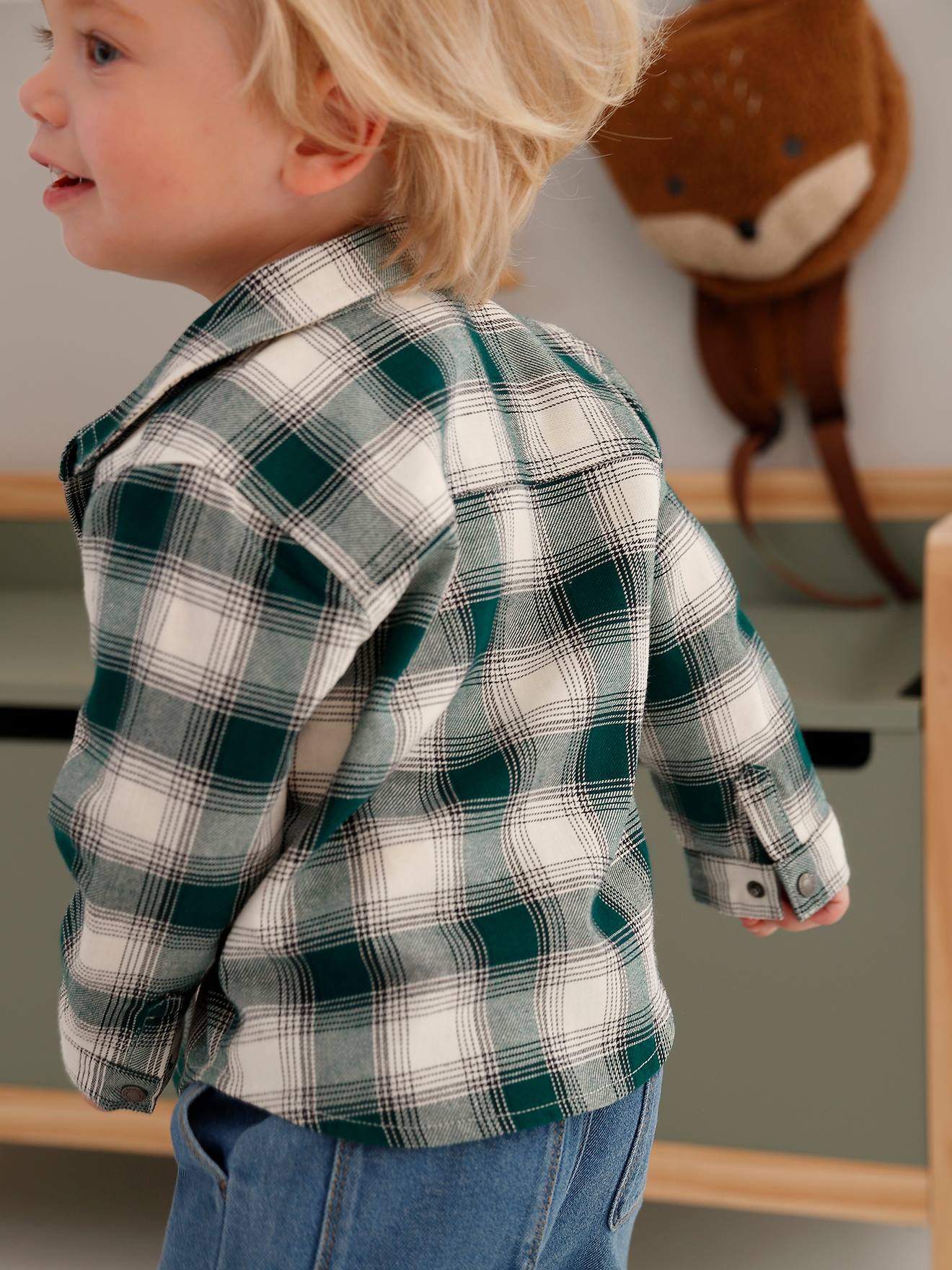 Camisa de flanela xadrez para bebê, xadrez verde