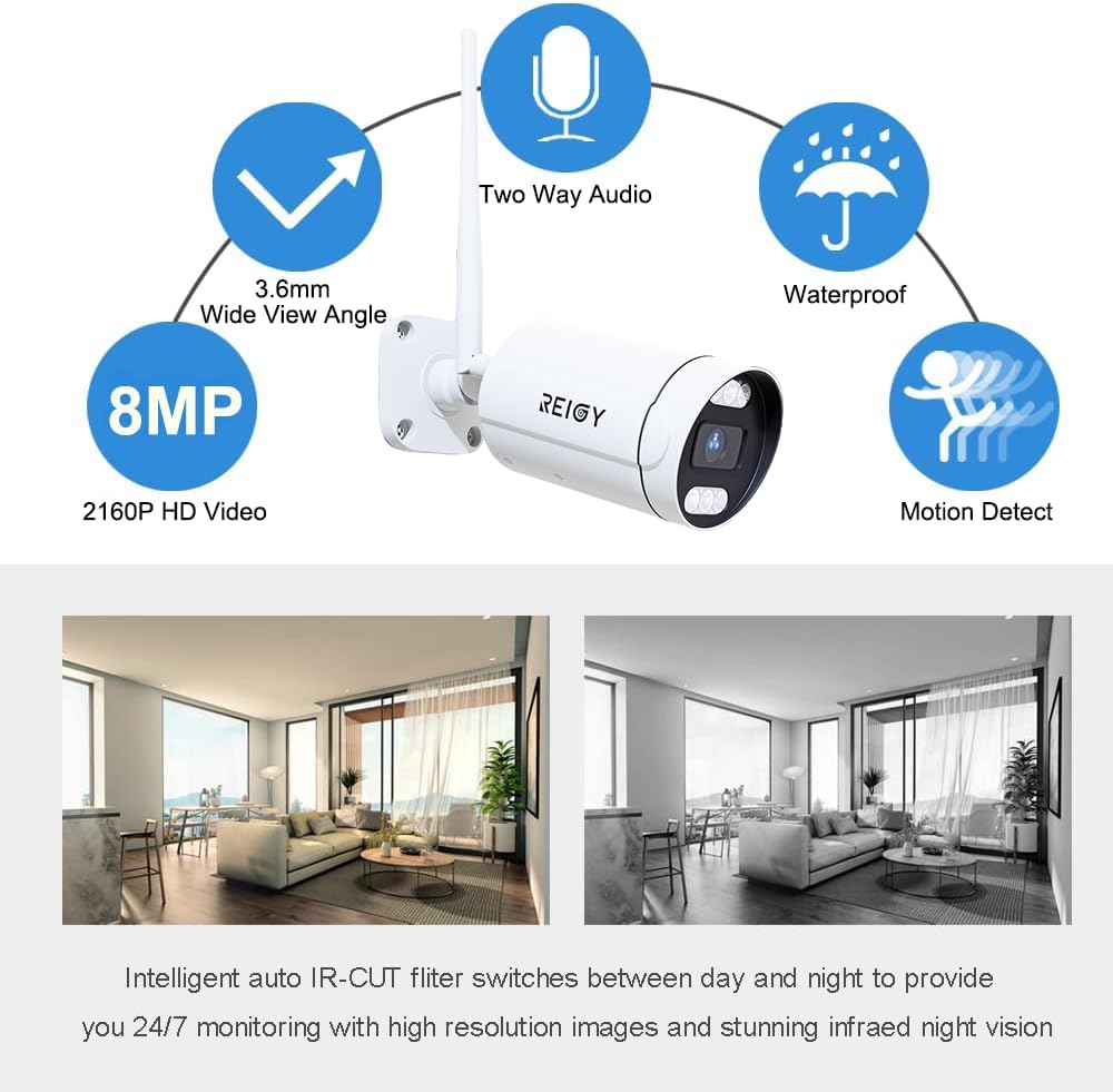 REIGY 8MP WLAN Überwachungskamera Set Aussen mit 2TB Festplatte, 4K Überwachungssystem 16CH WiFi NVR +4x2160P Kamera Outdoor, Zwei-Wege-Audio Bewegungserkennung Farbige Nachtsich