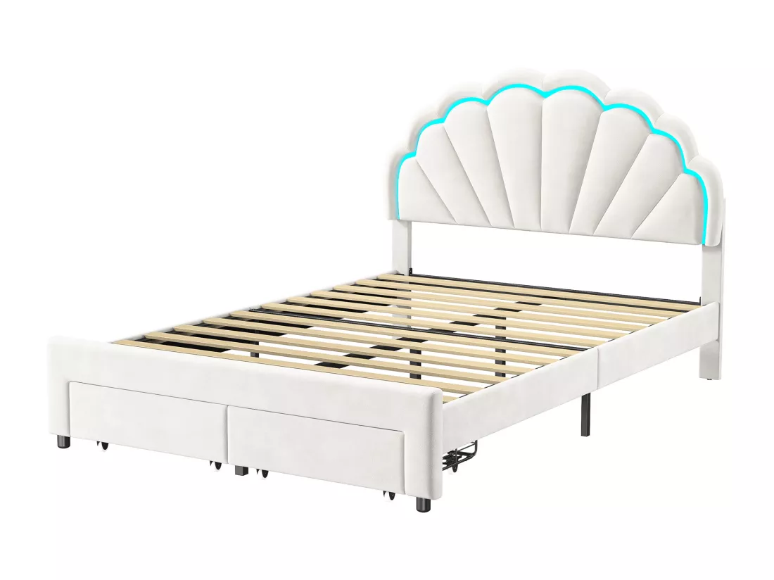 Lit double 140x200,lit double capitonné,2 tiroirs en bout de lit,tête de lit pétale,LED réglable,velours,blanc