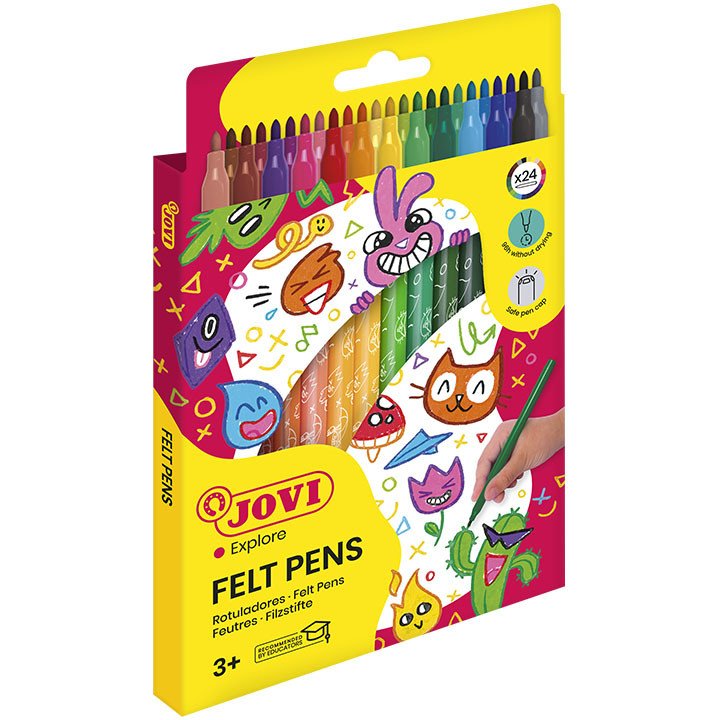 Feutre coloriage jovi lavable capuchon sécurité ventilé pointe solide 3mm 2 formats fine/maxi pochette 24 unités