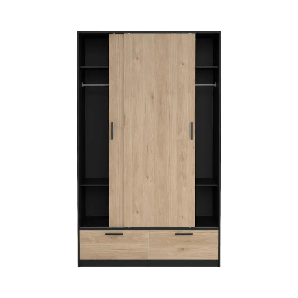 Hioshop Line kledingkast 2 deuren 2 laden okkernoot decor zwart mat
