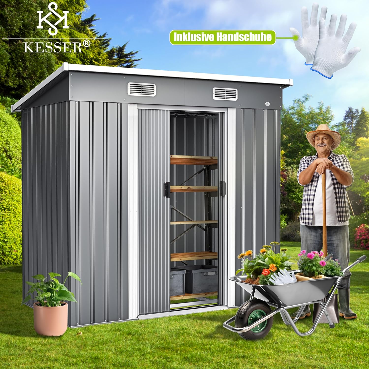 KESSER® - Gerätehaus L Metall 4 m³ mit Fundament | 194x121x181 cm | 2X Schiebetür & Fundament | Geräteschuppen | Gartenhaus Schrank | Pultdach Garten Schuppen, Ink. Arbeitshandschuhe Grau