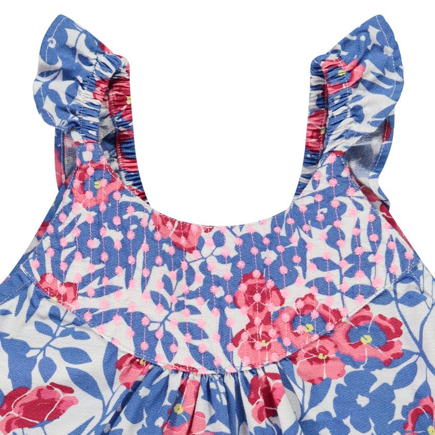 Tunique à bretelles volantées imprimé floral et broderies pour fille - Bleu moyen