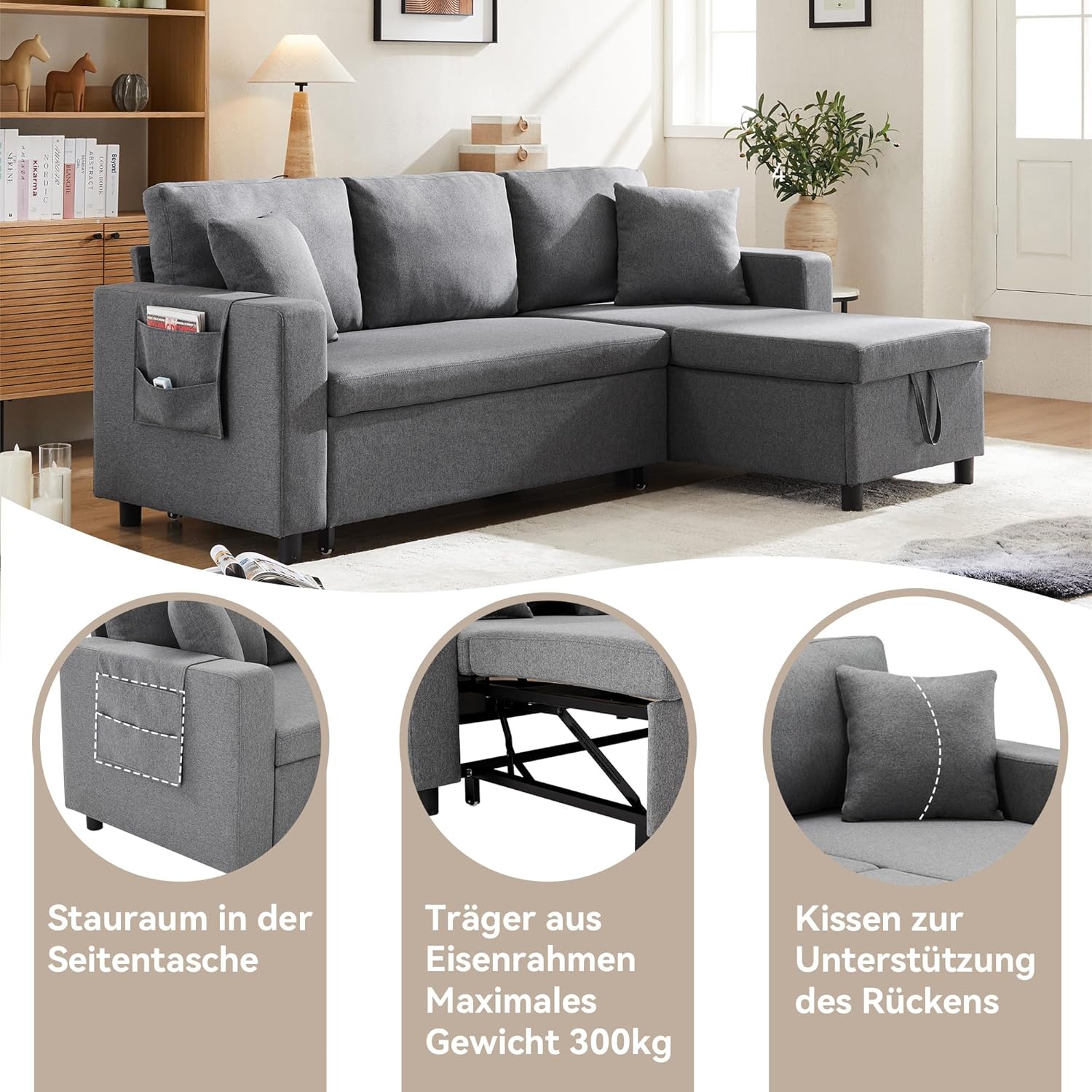 Merax Ecksofa mit Schlaffunktion, Praktisches Schlafsofa mit Bettkasten, L-Form Schlafcouch mit Stauraum und Seitentaschen, Moderne 3-Sitzer-Couch für Wohnzimmer und Schlafzimmer, Dunkelgrau