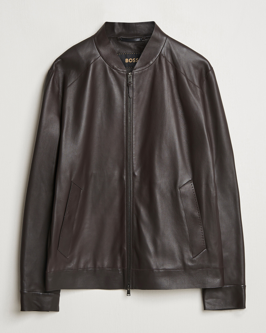 BOSS CAMEL Maiverse Leather Jacket Dark Brown