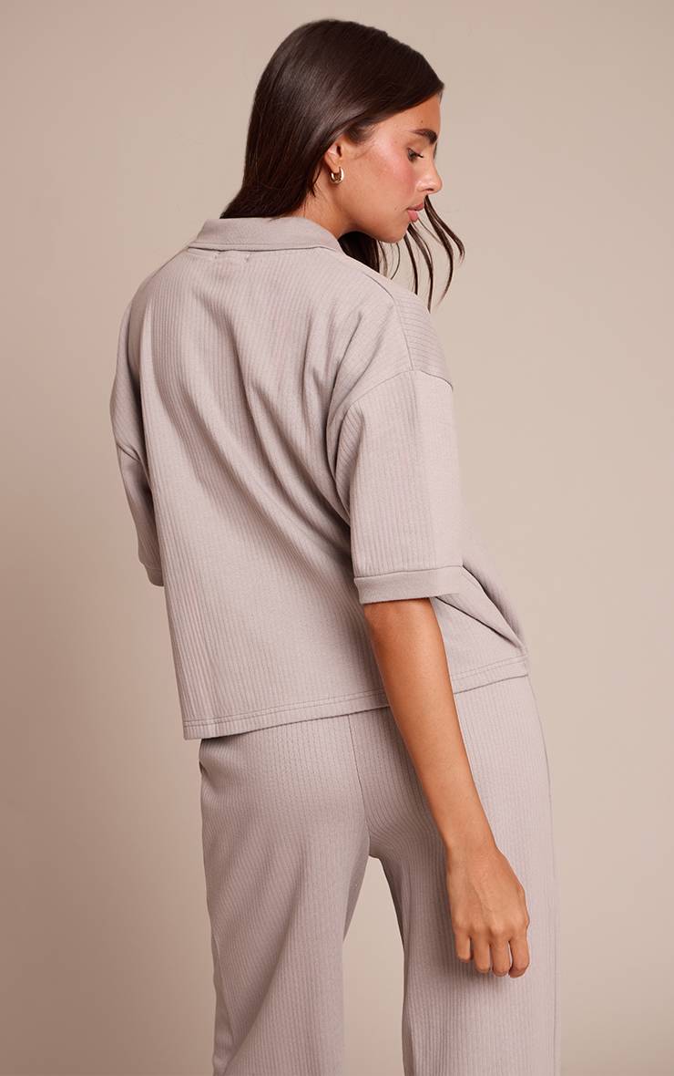 Gris Cendré Ensemble Coordonné T-shirt Côtelé Boutonné