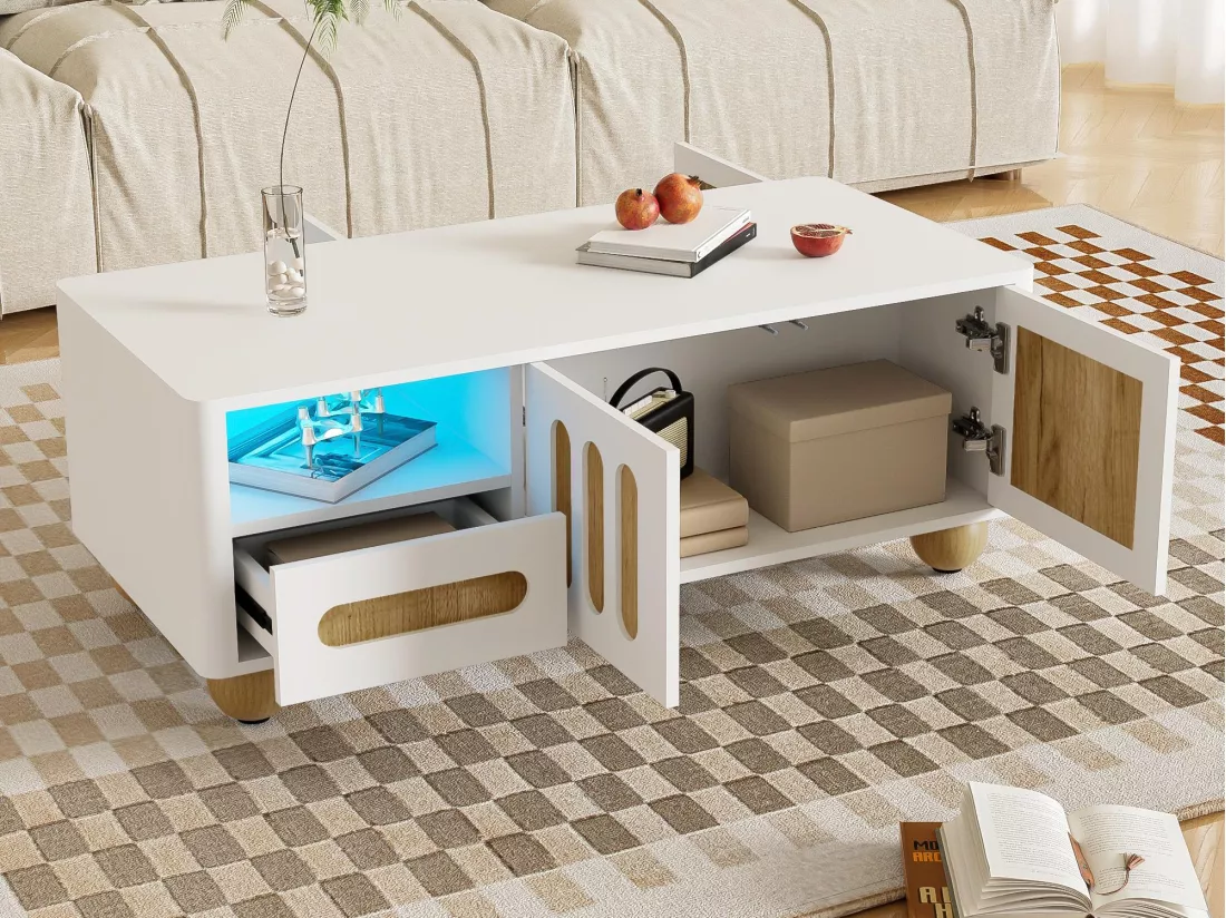 Table basse moderne 105x50x40 cm avec LED - avec 2 portes et 1 tiroir - Blanc