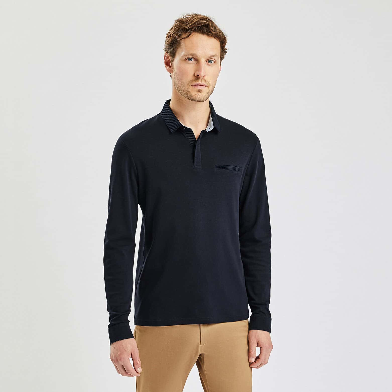 Polo manches longues interlock uni Bleu foncé