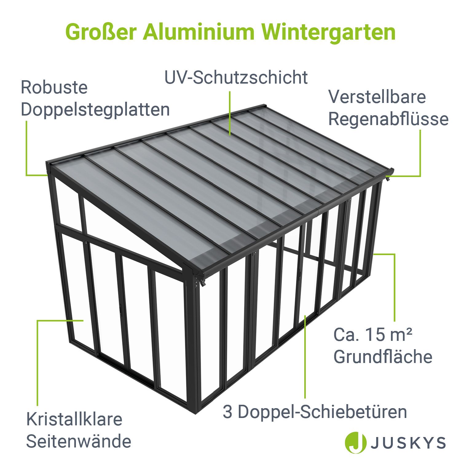 Juskys Wintergarten 15 m² in Grau mit Schiebetüren - UV-Schutz, wasserdicht & winterfest