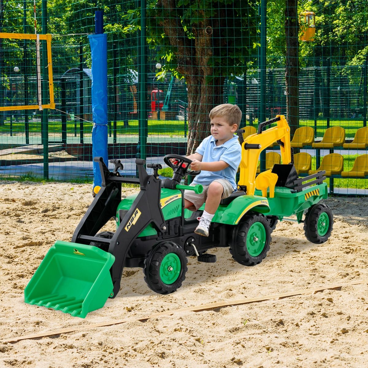 3 en 1 Tracteur pour Enfant avec 6 Roues Jouet Pelle Remorque Amovible avec Volant Klaxon 3 à 6 Ans Jaune/Vert - Lidl-Manfred