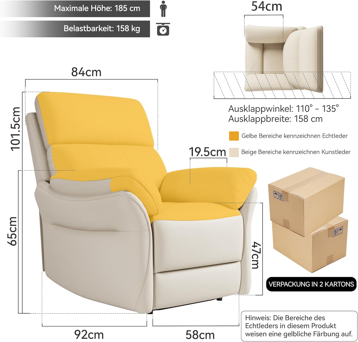 AIRSKY Relaxsessel Echtleder Fernsehsessel mit Liegefunktion Kinosessel Nickerchen Seniorensessel TV Sessel mit Schlaffunktion Manuell Verstellbar Liegesessel für Wohnzimmer Schlafzimmer,Beige