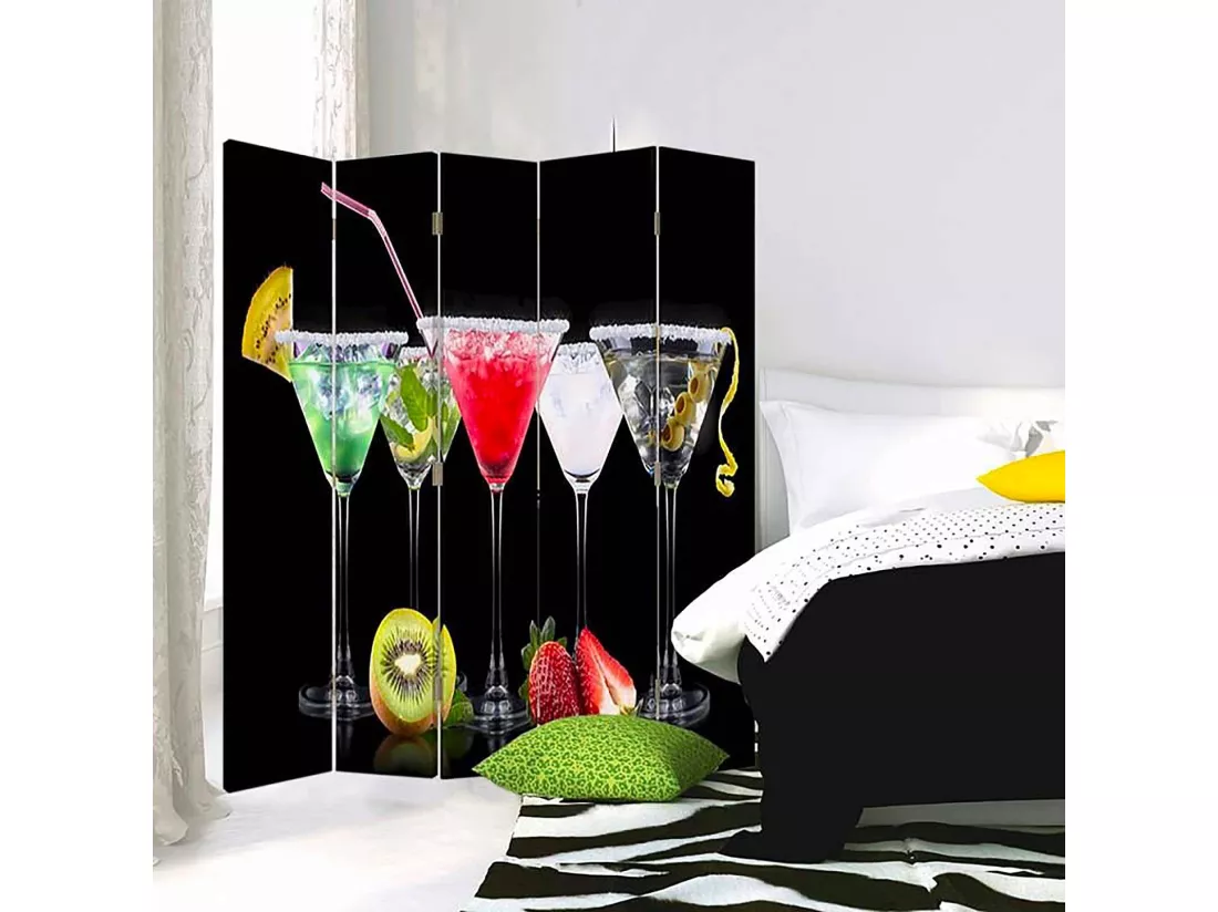 Paravent Diviseur de Chambre à Motifs Boissons Fruitées - 180 x 150 cm - 2 faces R° V° + rotation 360°