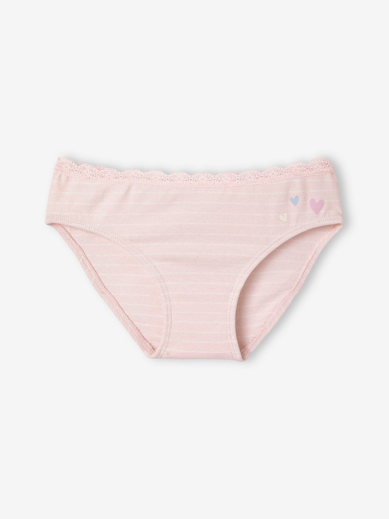 Pacote com 5 calcinhas lilás com estampa de corações para meninas.