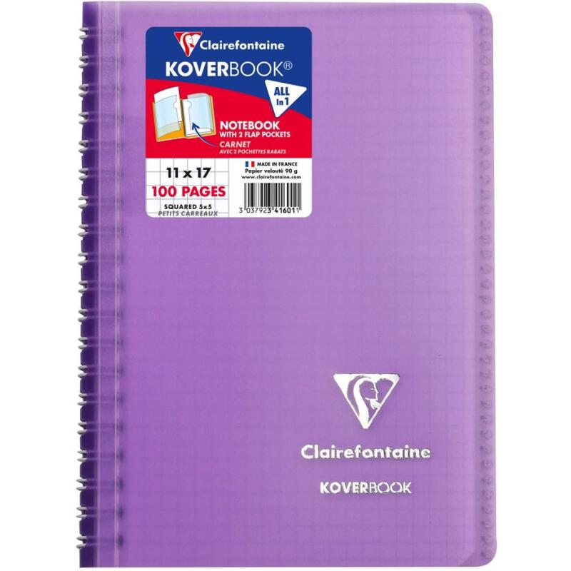 Carnet reliure intégrale enveloppante Koverbook 11x17cm 100 pages petits carreaux couverture polypropylène transparent - Assortis