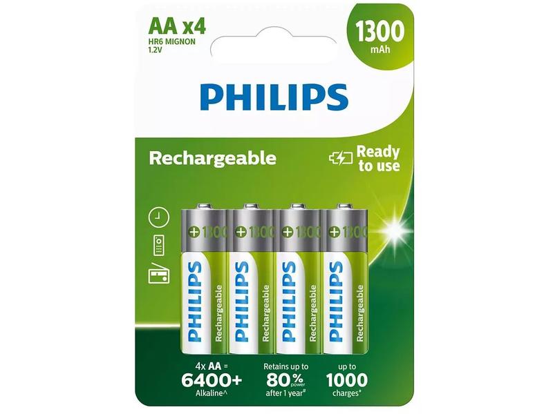 Philips Akku Rechargeable NiMH AA 1300 mAh, 4 Stück AA-Akkus im 4er-Pack