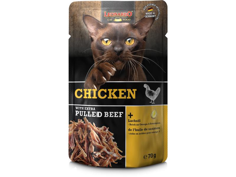 Leonardo Cat Food Nassfutter Huhn & Pulled Beef, 16 x 70 g Alleinfutter für ausgewachsene Katzen