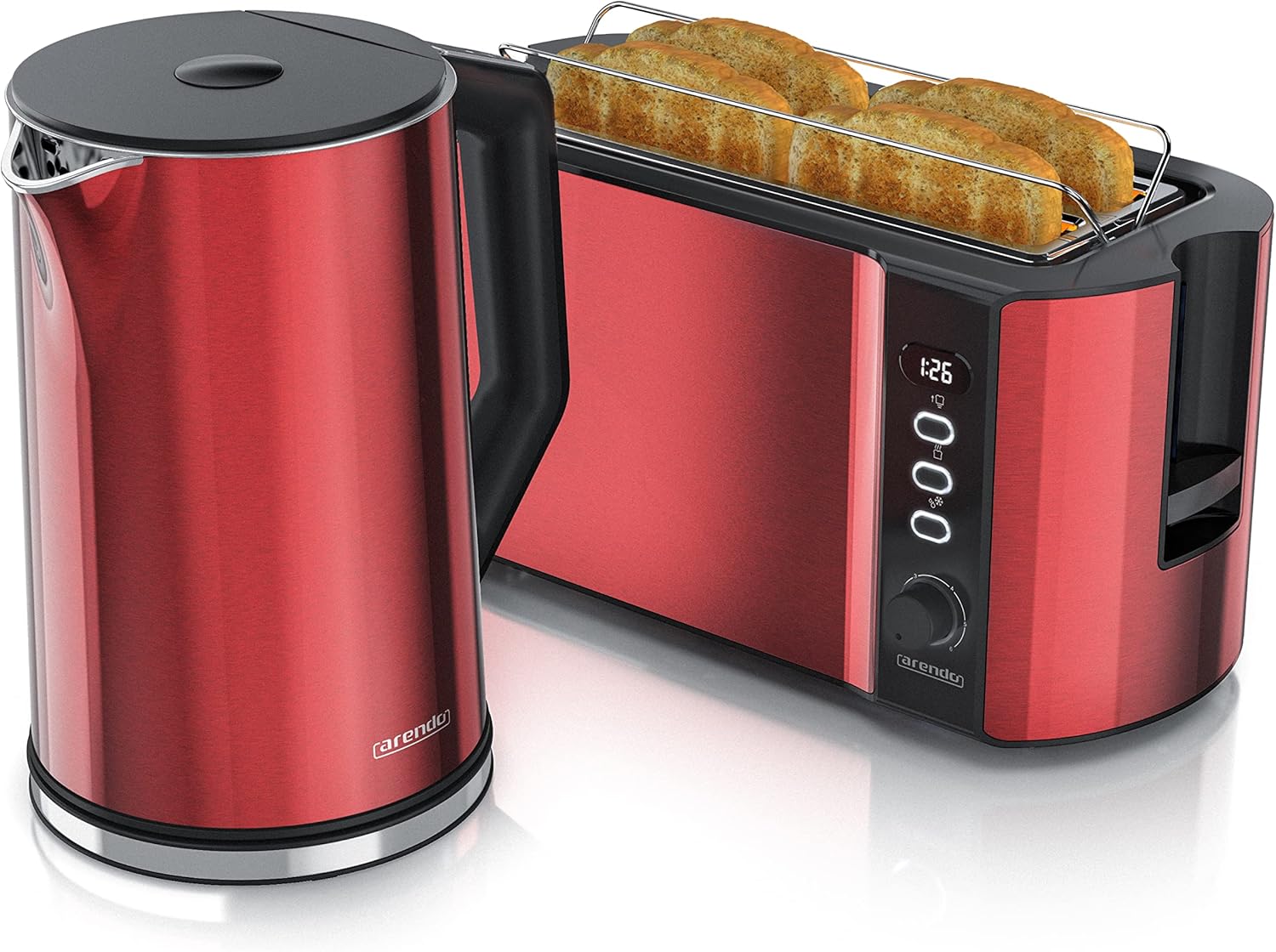 Arendo - Wasserkocher mit Toaster SET Edelstahl Rot, Wasserkocher 1,5L, 40° 100°C Warmhaltefunktion Toaster 4 Scheiben LED-Display 6 Bräunungsgrade Brötchaufsatz