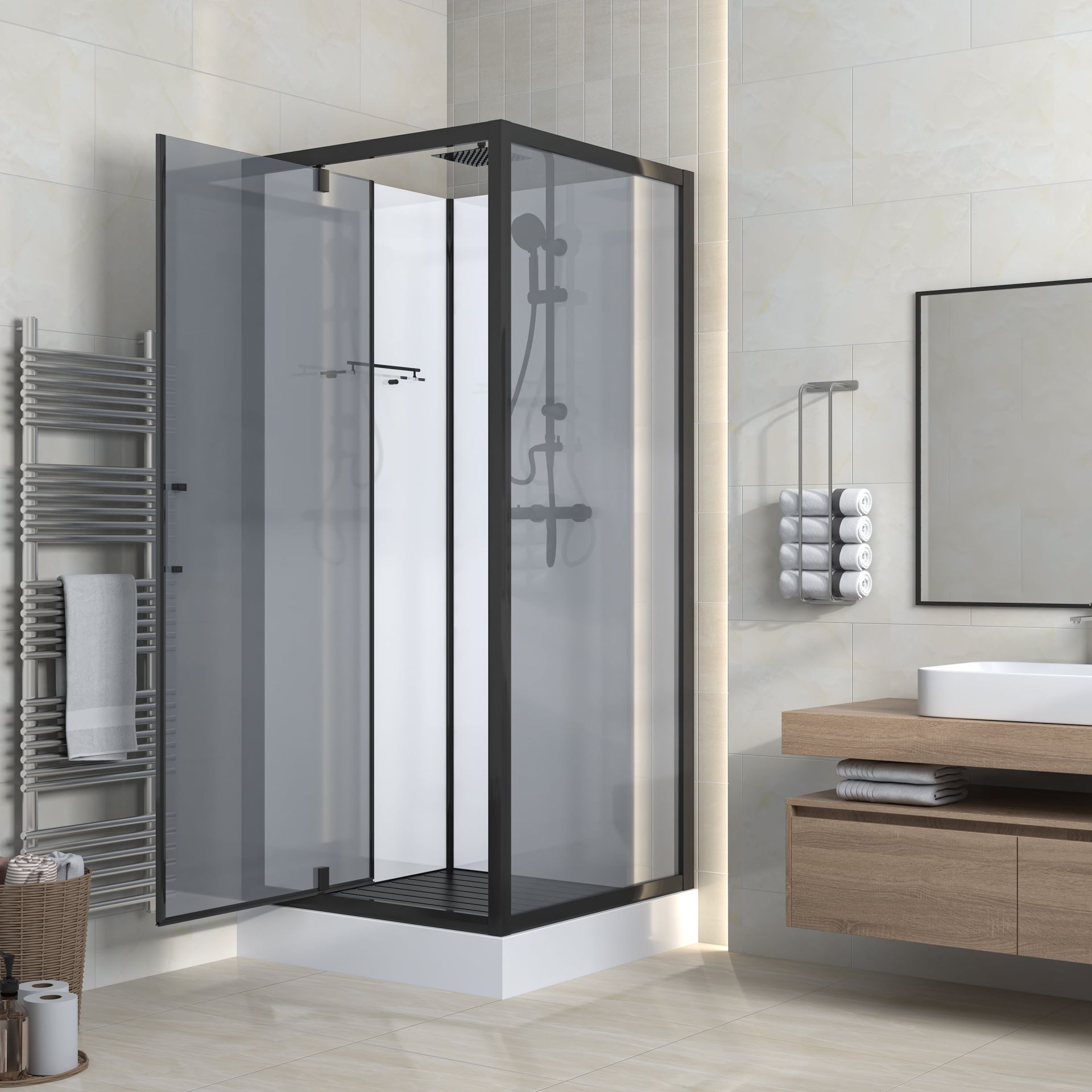 Sanigoods Bowie complete douchecabine rookglas met draaideur 90x90cm zwart mat