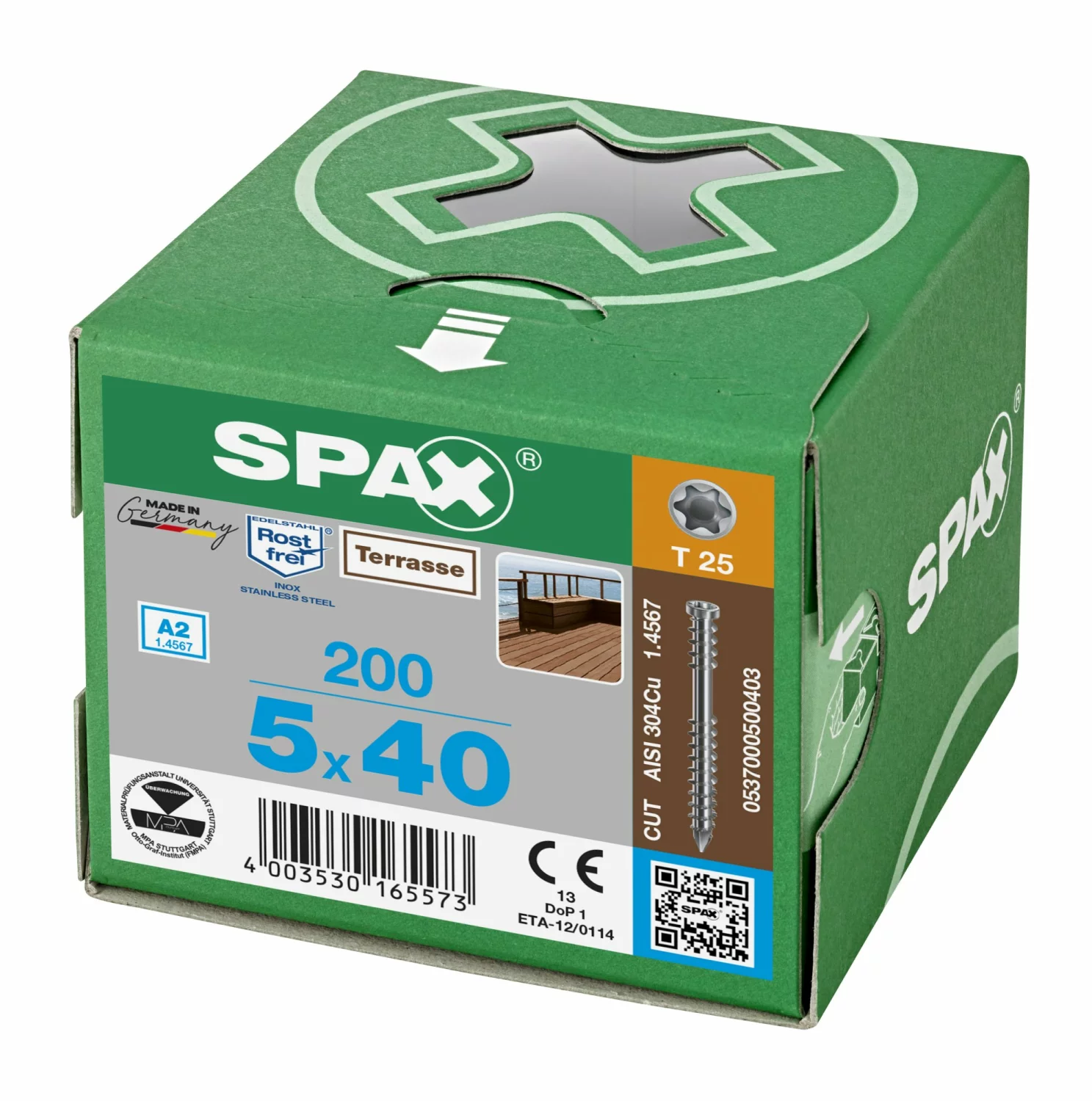 SPAX 537000500403 Terrasschroef, Cilinderkop, 5 x 40, Fixeerschroefdraad, T-STAR plus TX25 - blank - 200 stuks
