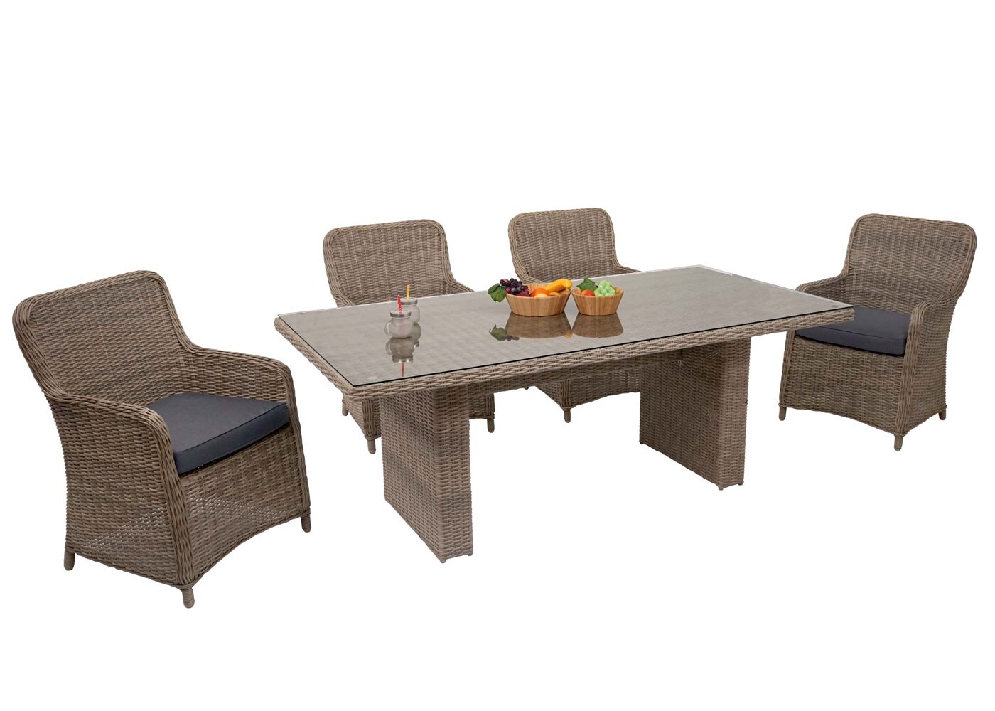 2er-Set Poly-Rattan Stuhl MCW-E98, Rattanstuhl Gartenstuhl Korbsessel, Spun Poly halbrundes Rattan MVG beige Kissen grau