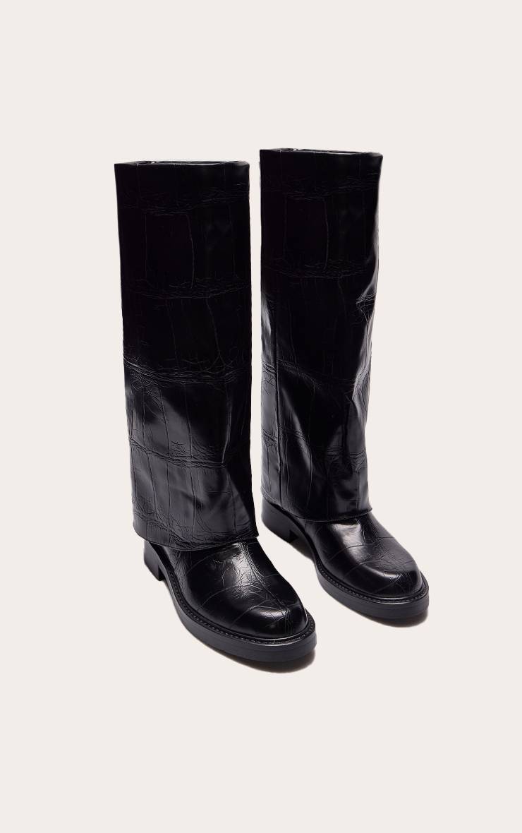 Noir Botte Haute À Revers En Daim