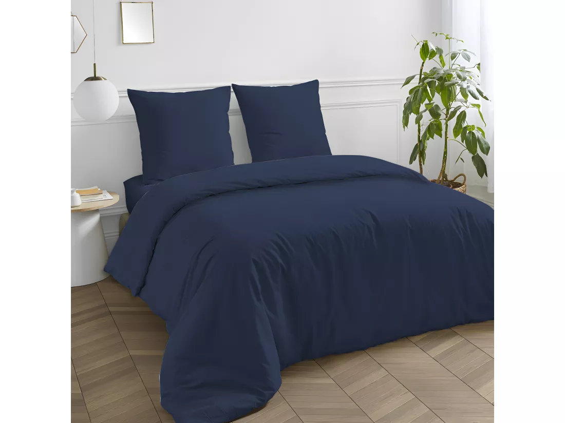 Drap housse en coton 57 fils uni bonnet 25cm bleu 140x200cm