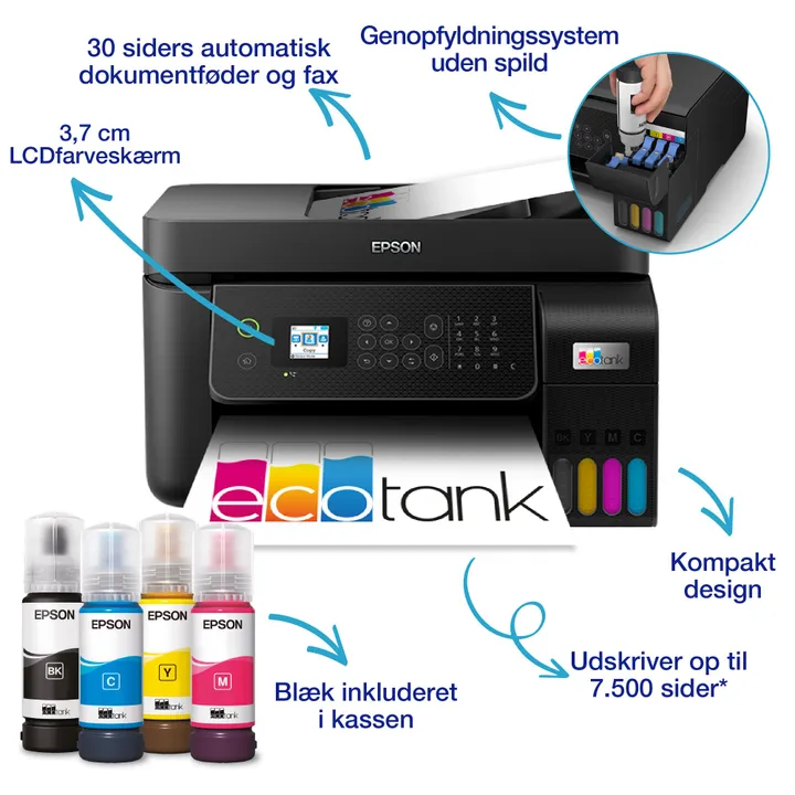 Epson EcoTank ET-4800 - Multifunktionsprinter - farve - blækprinter - kan genopfyldes - A4 (medie) - op til 10 spm (udskriver) - 100 ark - 33.6 Kbps - USB, LAN, Wi-Fi - sort