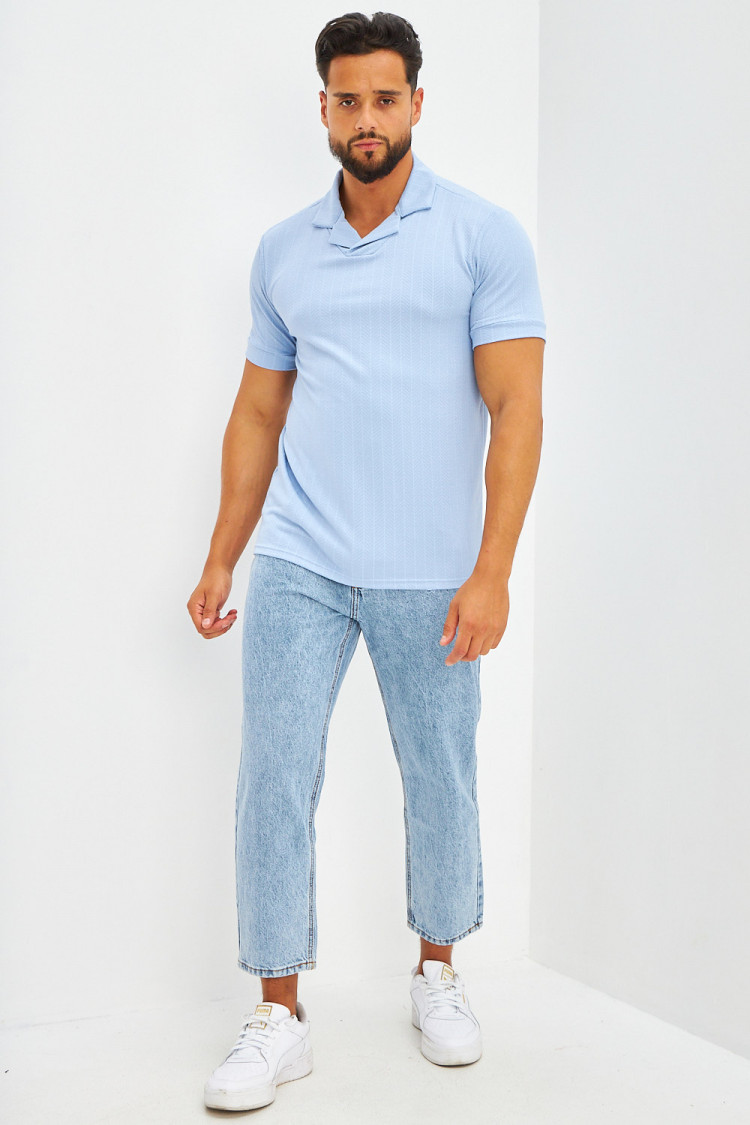 Polo col à rabats motifs chevrons bleu ciel
