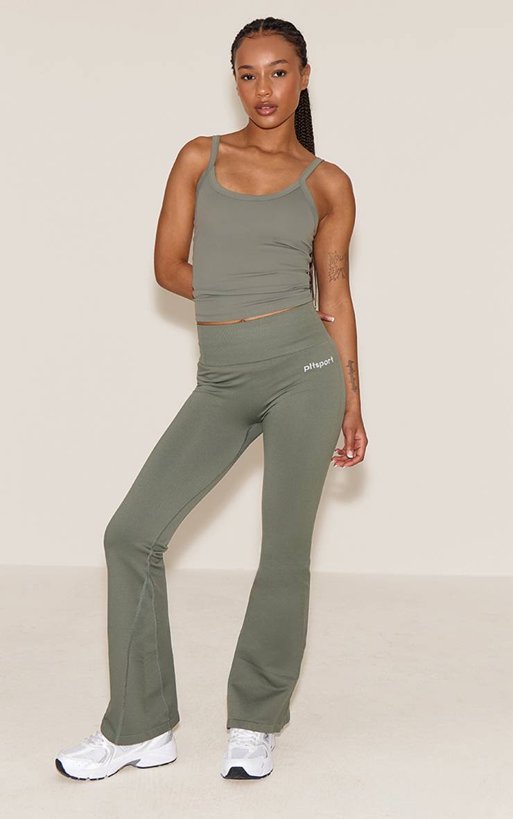 Vert Olive Pantalon De Yoga Évasé Taille Haute Avec Détails Côtelés Sans Couture Plt Sport