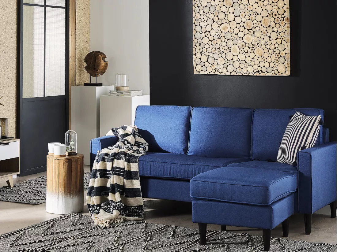 Canapé 3 places avec pouf en tissu bleu foncé AVESTA