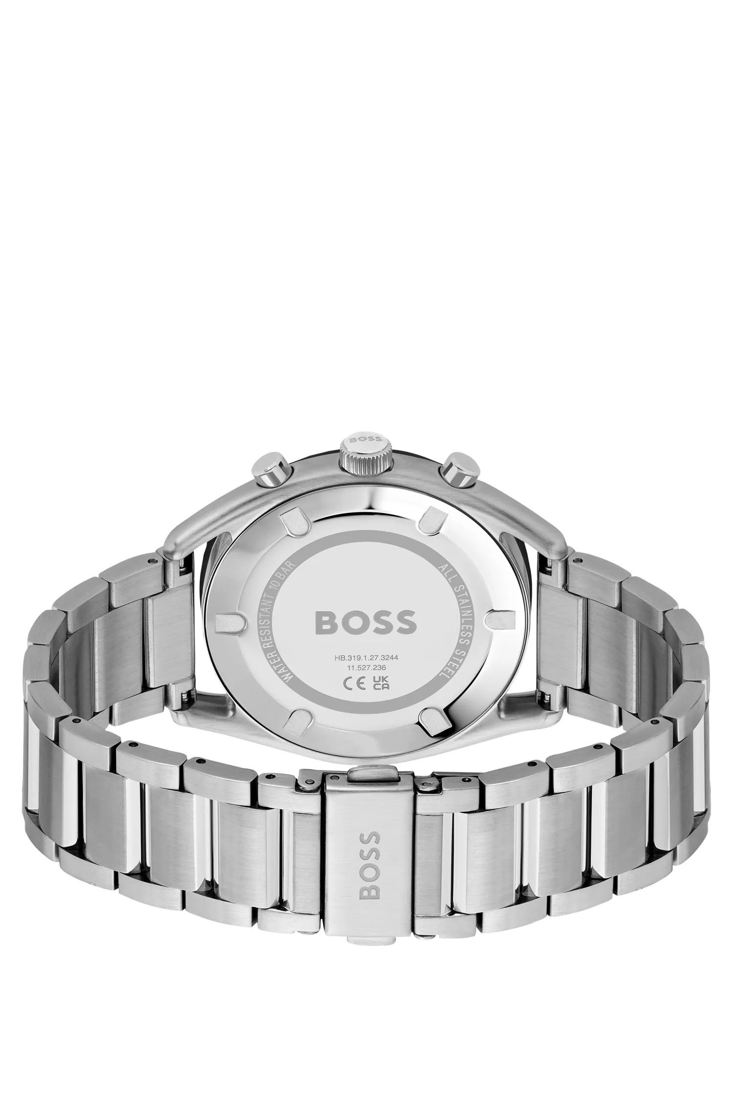 Relógio cronógrafo BOSS com mostrador preto e azul e pulseira de elos.