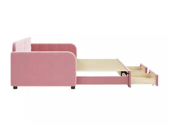 Lit de jour avec gigogne et tiroirs rose 90x200 cm velours