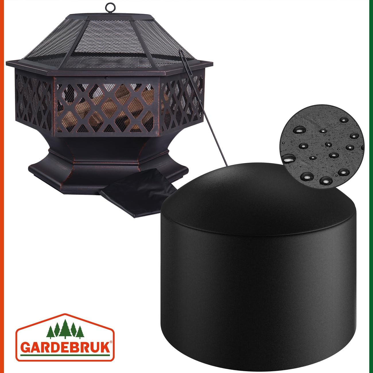GARDEBRUK® Feuerschale mit Funkenschutz Schürhaken Abdeckung 70cm Eckig Antik Schwarz Terrasse Garten Feuerstelle Feuerkorb Kamin Ofen Holz Grill