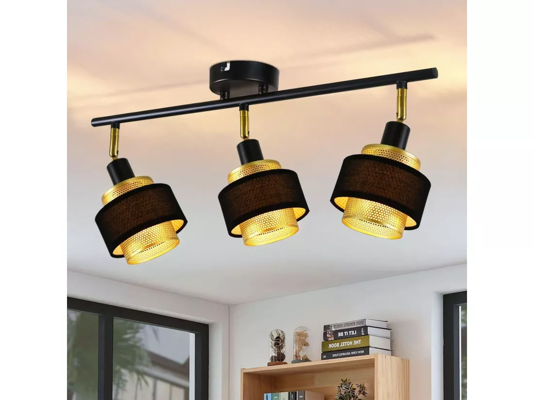 NETTLIFE 3 spots plafonnier E14 noir vintage avec flamme rétro chambre en métal doré orientables industriel pour cuisine couloir salle à manger