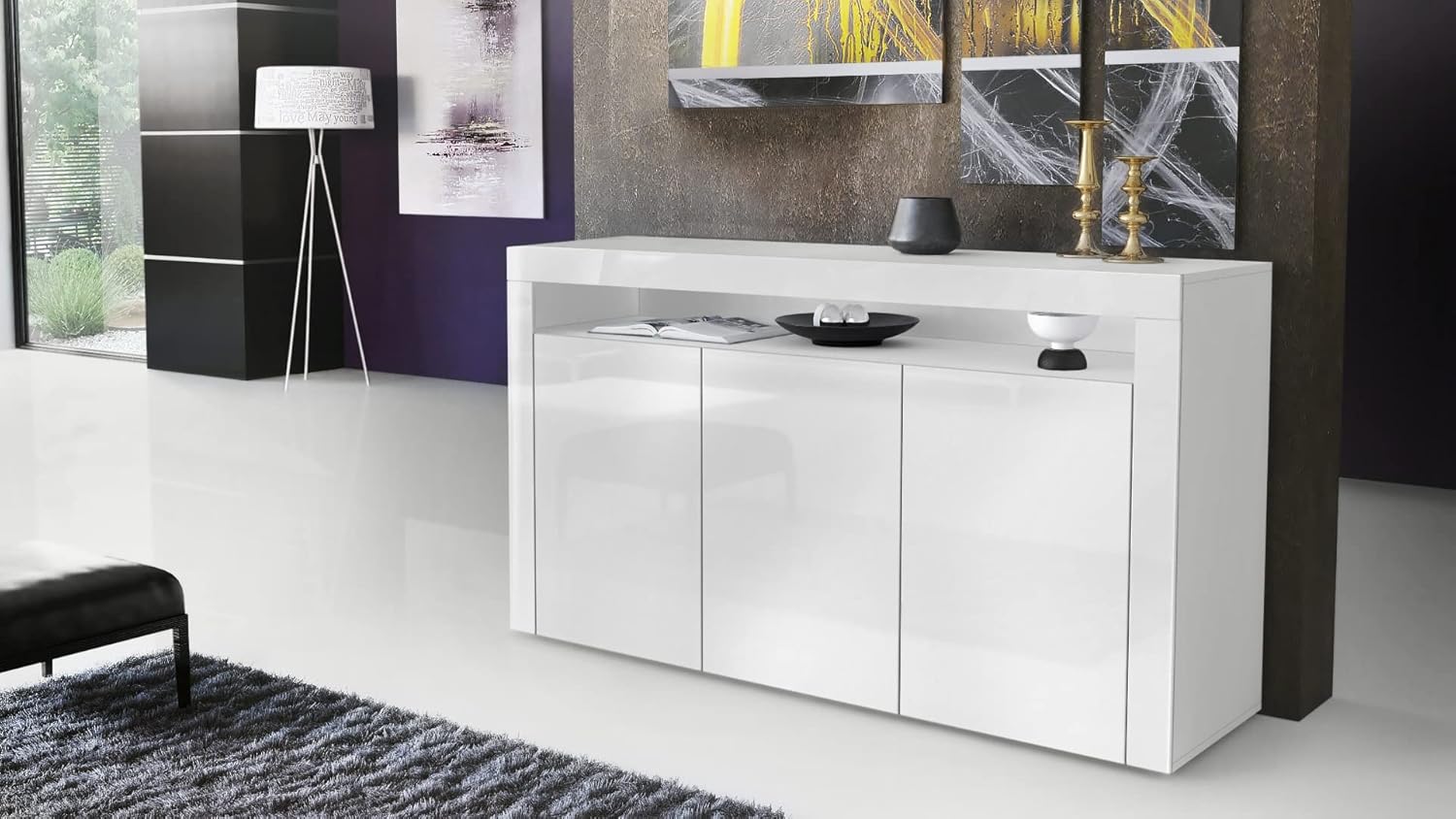 Vladon Sideboard Valencia, Made in Germany, Kommode mit 3 Türen und 1 offenem Fach, Weiß matt/Weiß Hochglanz (155 x 92 x 40 cm)