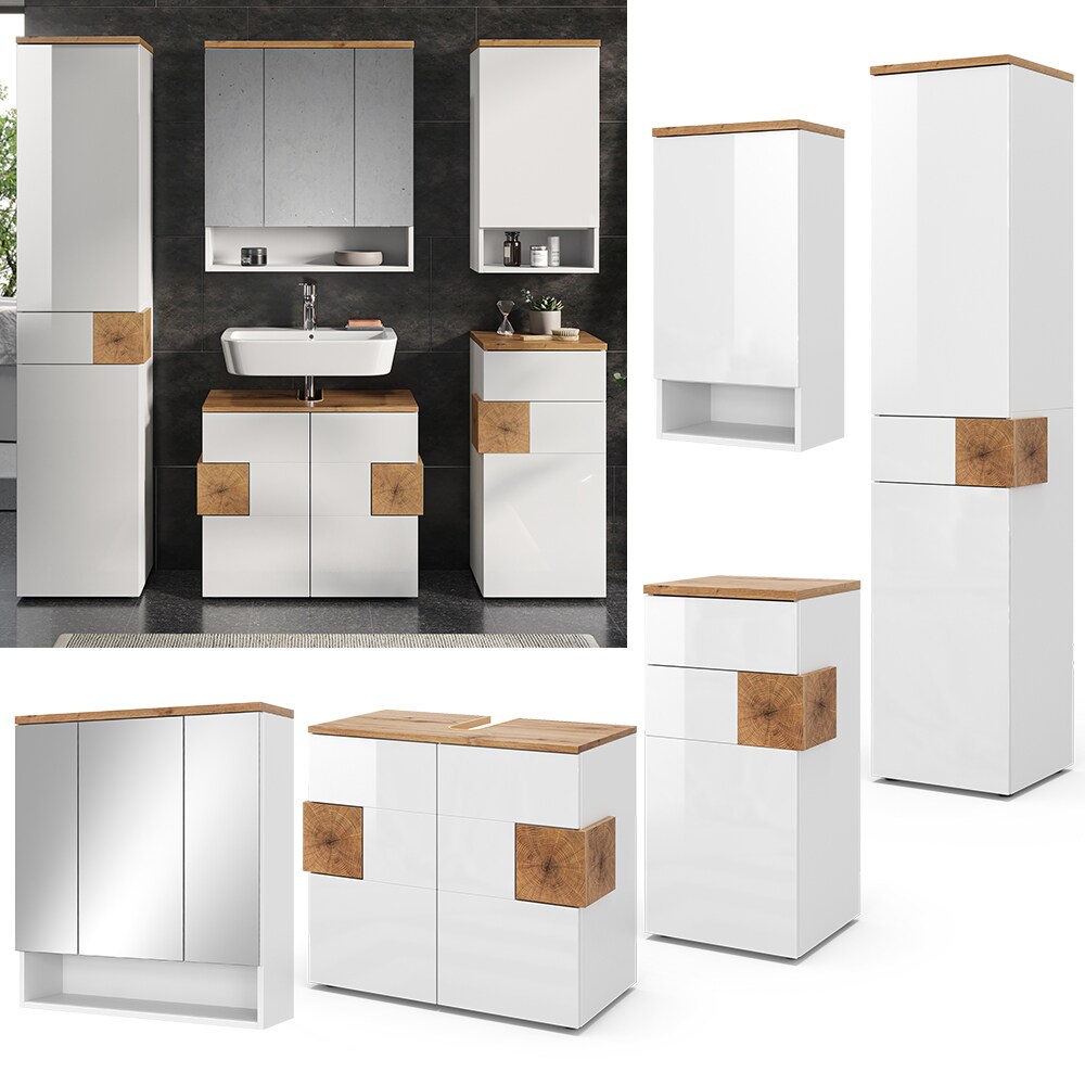 Vicco Badmöbel-Set Badezimmer-Möbel Bad-Schrank Eden Weiß Artisan modern Badezimmerschrank Waschbeckenunterschrank Spiegelschrank Hängeschrank Hochschrank Midischrank Schranktür Schrankfach