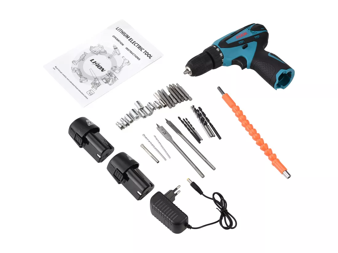 Perceuse Visseuse sans Fil avec lumière LED- 12V - Deux 1.5Ah Batteries - 30 accessoires - moteur brossé - bleu