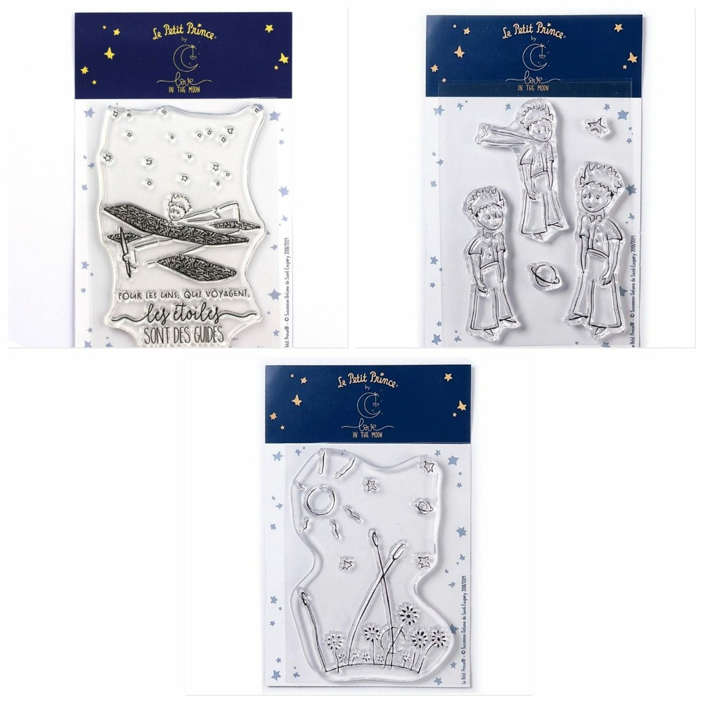 7 tampons transparents le petit prince dans son avion + etoiles + paysage