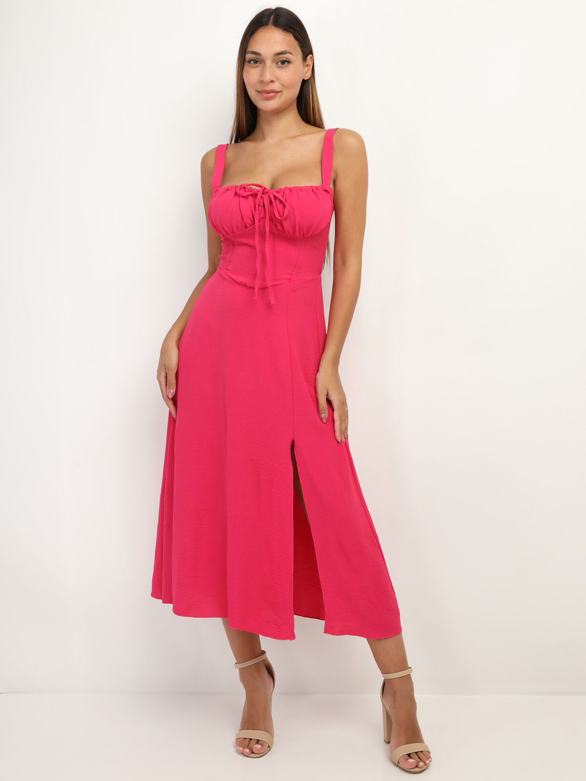 Robe corset mi-longue à fente- Fuchsia
