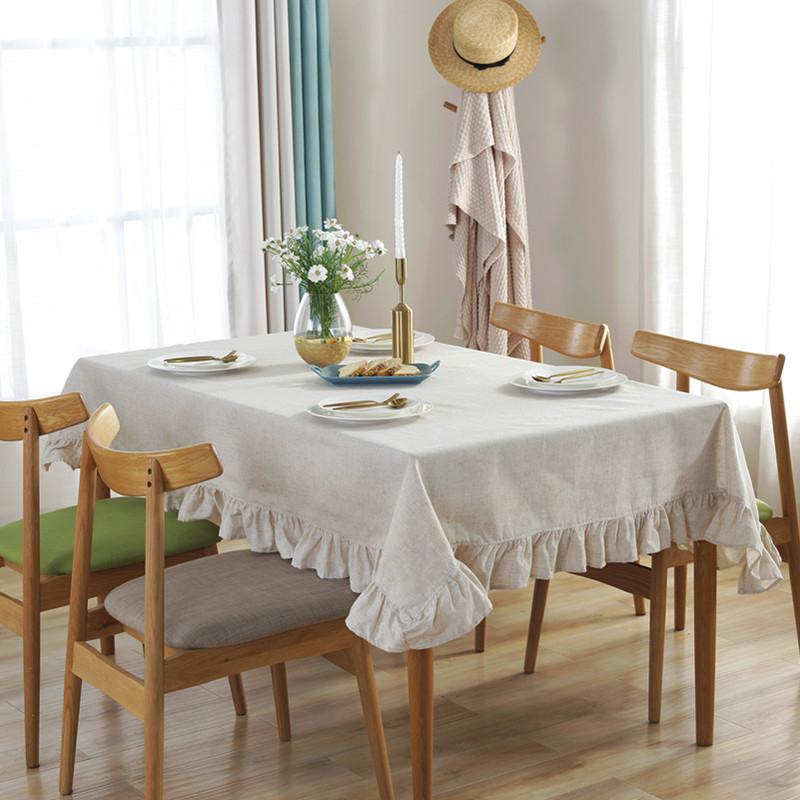 (140x260cm) Leinen  Tischdecke Esszimmer Boho Deko Hygge Lifestyle Tisch Tuch mit Rüschen - Beige