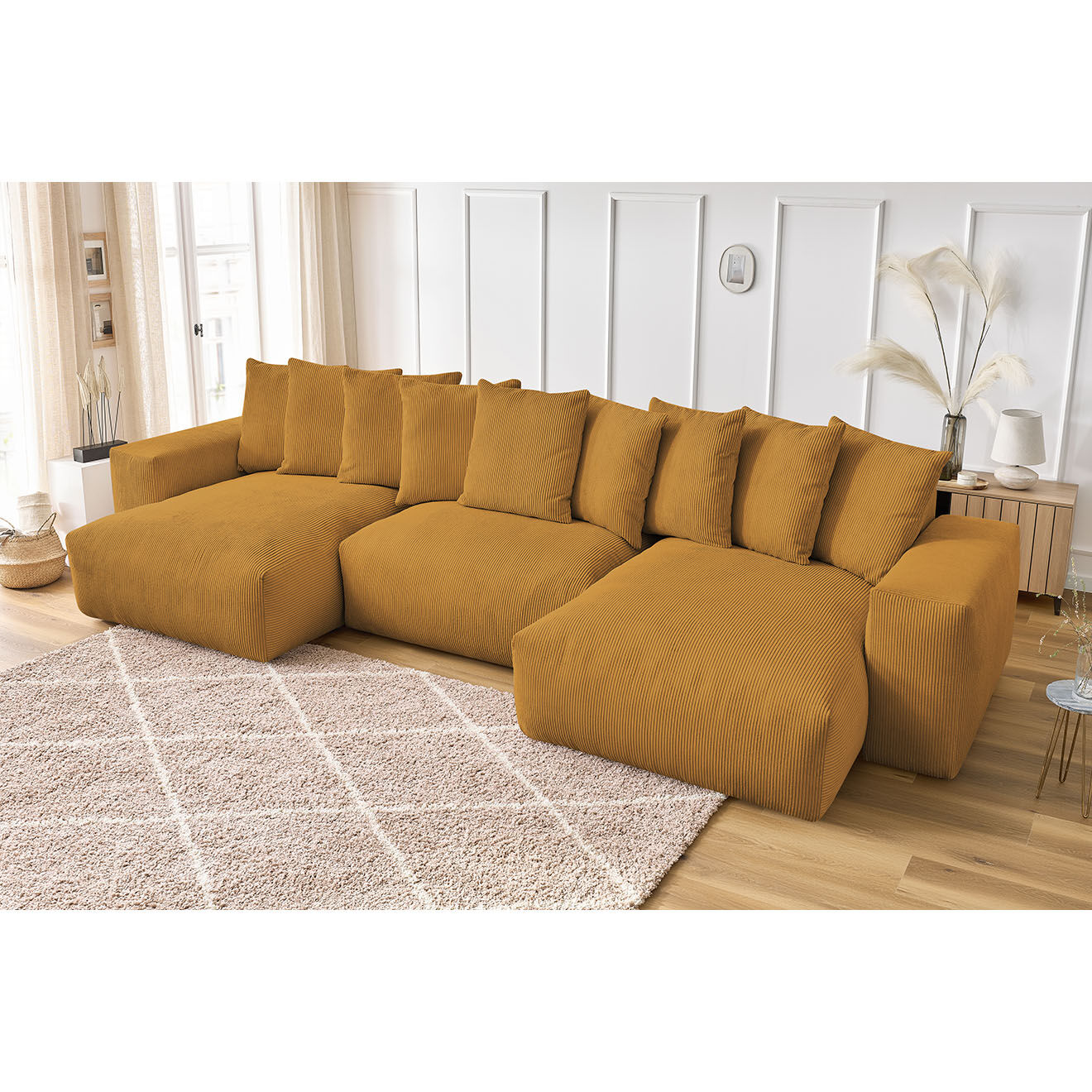 Bobochic Canapé panoramique fixe ultra moelleux voltaire velours côtelé jaune - 420x174x75 cm