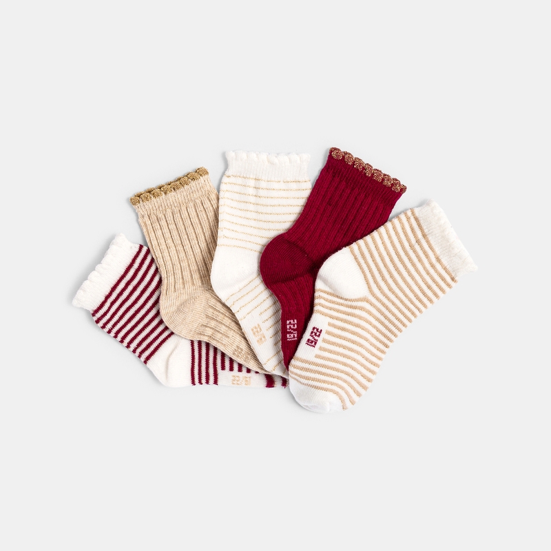 Chaussettes rayées brillantes bords festonnés (lot de 5) roses bébé fille